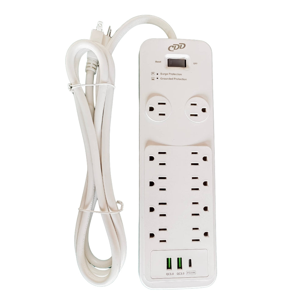 CDD 10 Outlets Surge Protector with USB Charging (2 USB-A & 1 USB-C), 14AWG/3C, cETL Certified, 6 Ft Cord
