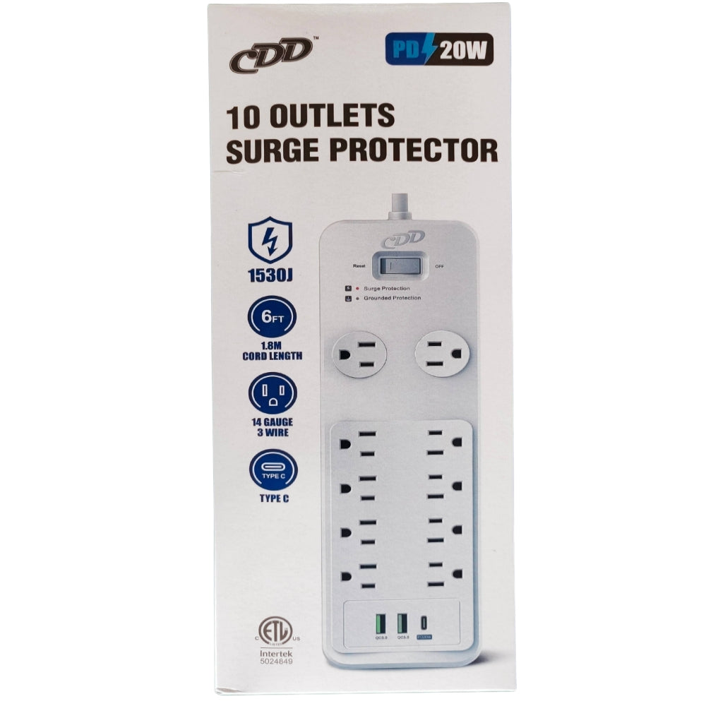 CDD 10 Outlets Surge Protector with USB Charging (2 USB-A & 1 USB-C), 14AWG/3C, cETL Certified, 6 Ft Cord