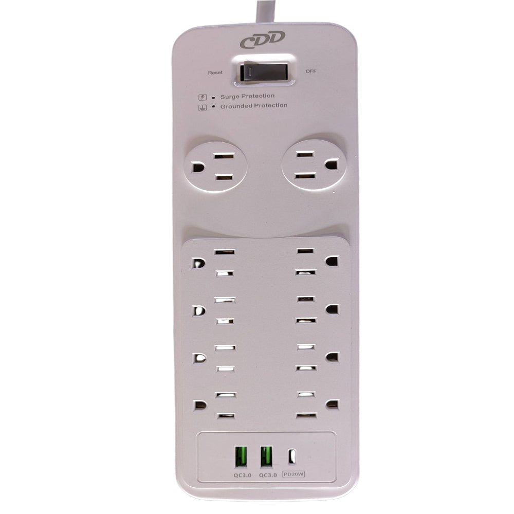 CDD 10 Outlets Surge Protector with USB Charging (2 USB-A & 1 USB-C), 14AWG/3C, cETL Certified, 6 Ft Cord