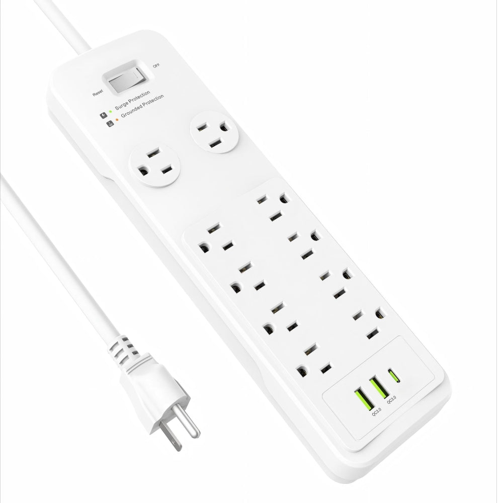 CDD 10 Outlets Surge Protector with USB Charging (2 USB-A & 1 USB-C), 14AWG/3C, cETL Certified, 6 Ft Cord