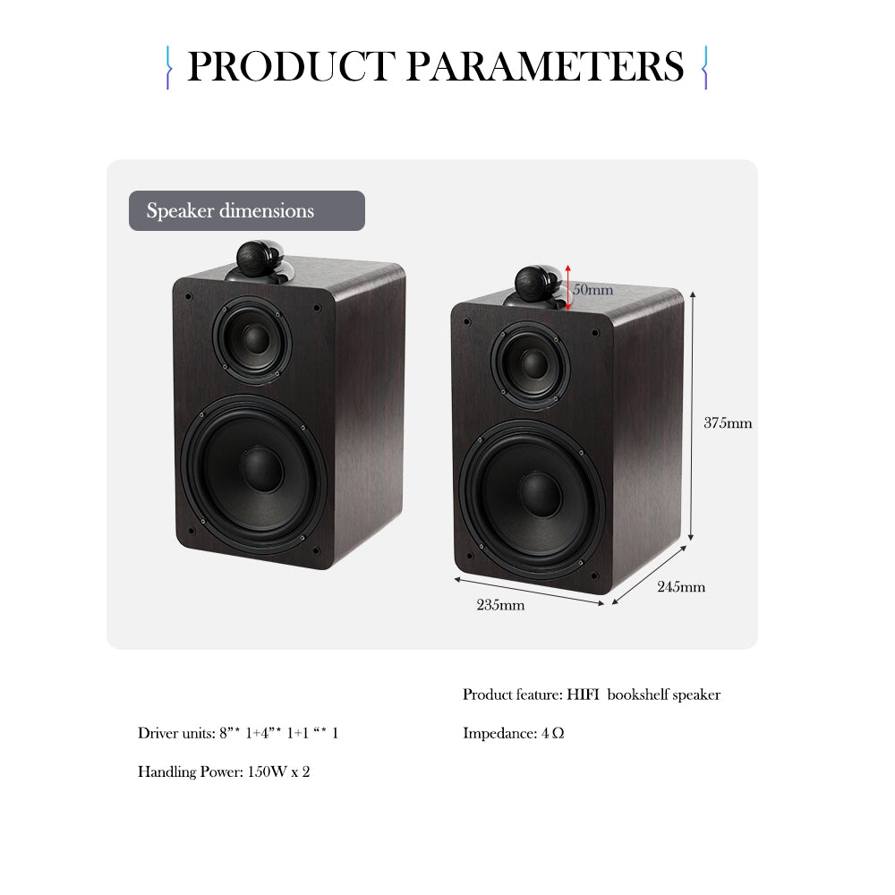 CDD Bookshelf Speakers 8-Inch Bass Driver, 300 Watts, 3-Way Crossover, Wood, Cherry (Pair)