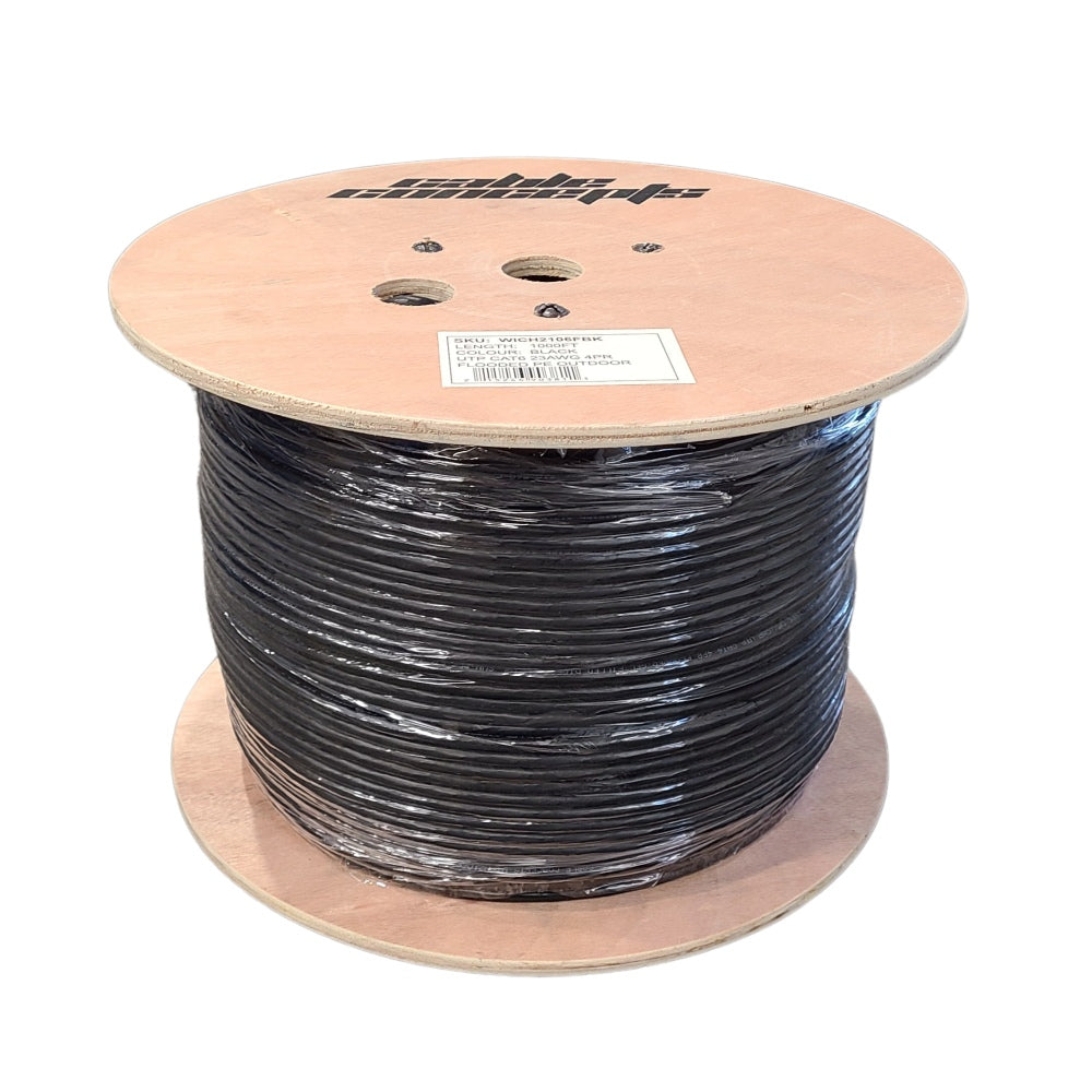 Cable Concepts Cat6 Outdoor Direct Burial 550 MHz 23AWG 4 Pr, CSA 1000 Ft. 100% Pure Copper. Wooden Reel. Black