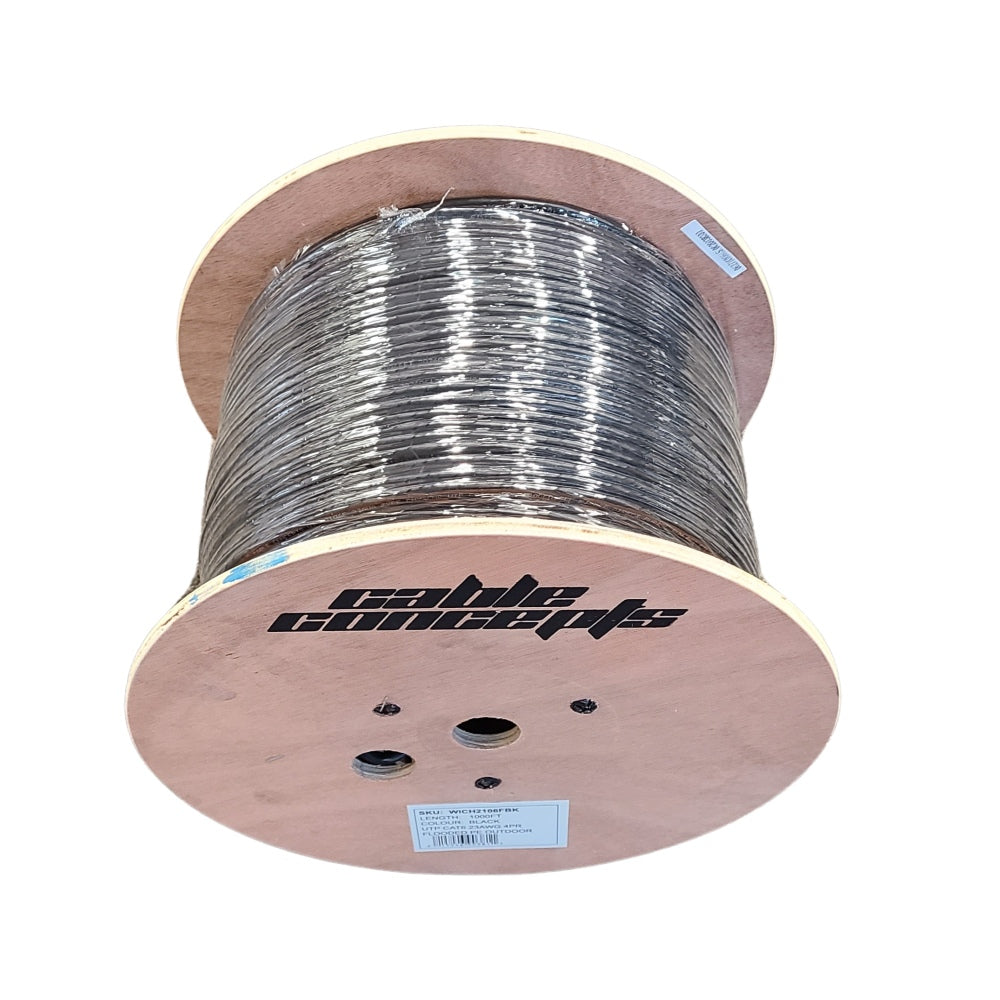 Cable Concepts Cat6 Outdoor Direct Burial 550 MHz 23AWG 4 Pr, CSA 1000 Ft. 100% Pure Copper. Wooden Reel. Black