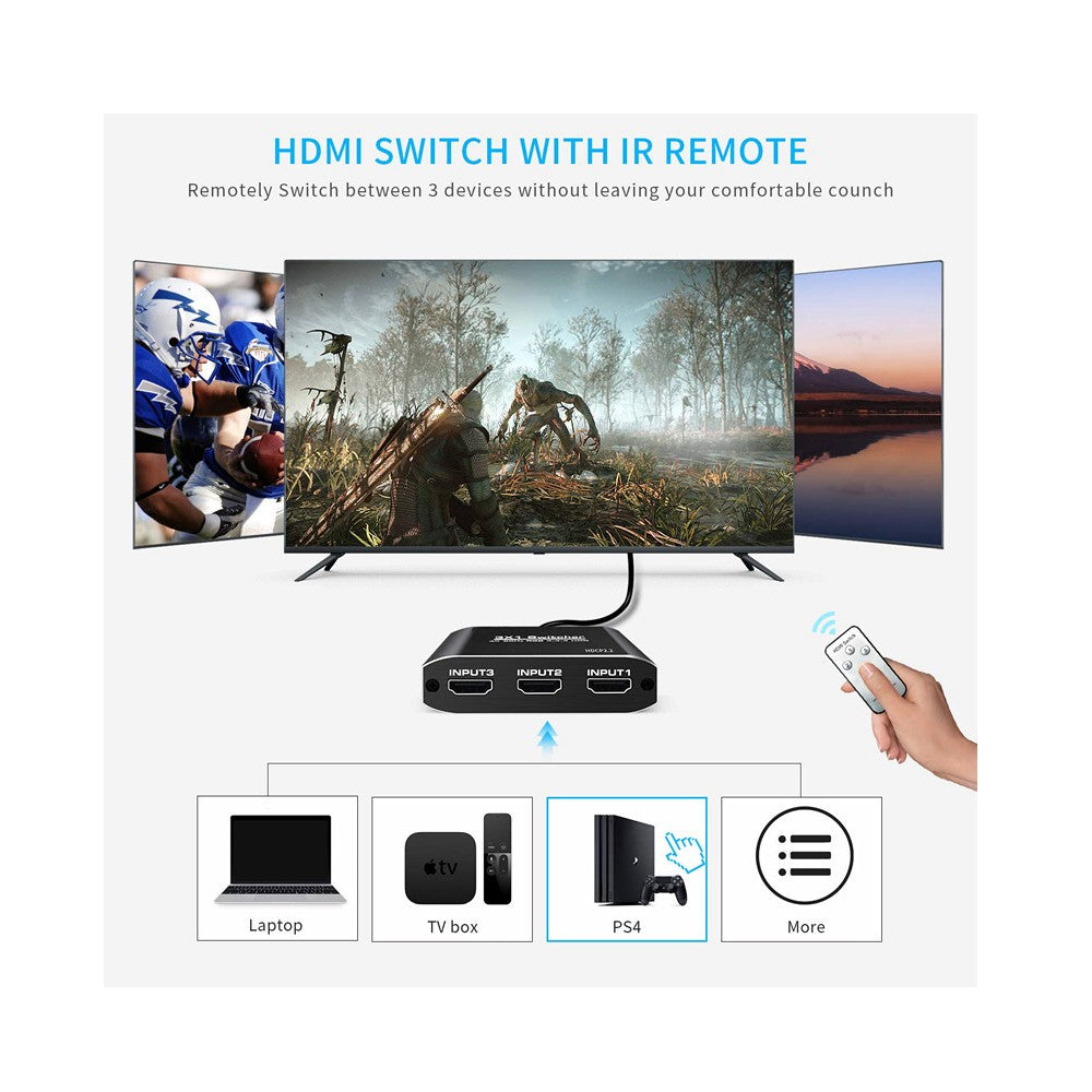 CDD HDMI Switch 3 Input / 1 Output, 3D, 4K x 2K@60Hz, HDCP2.2, 3D, 2.0V With Remote Control - 21st Century Entertainment Inc.