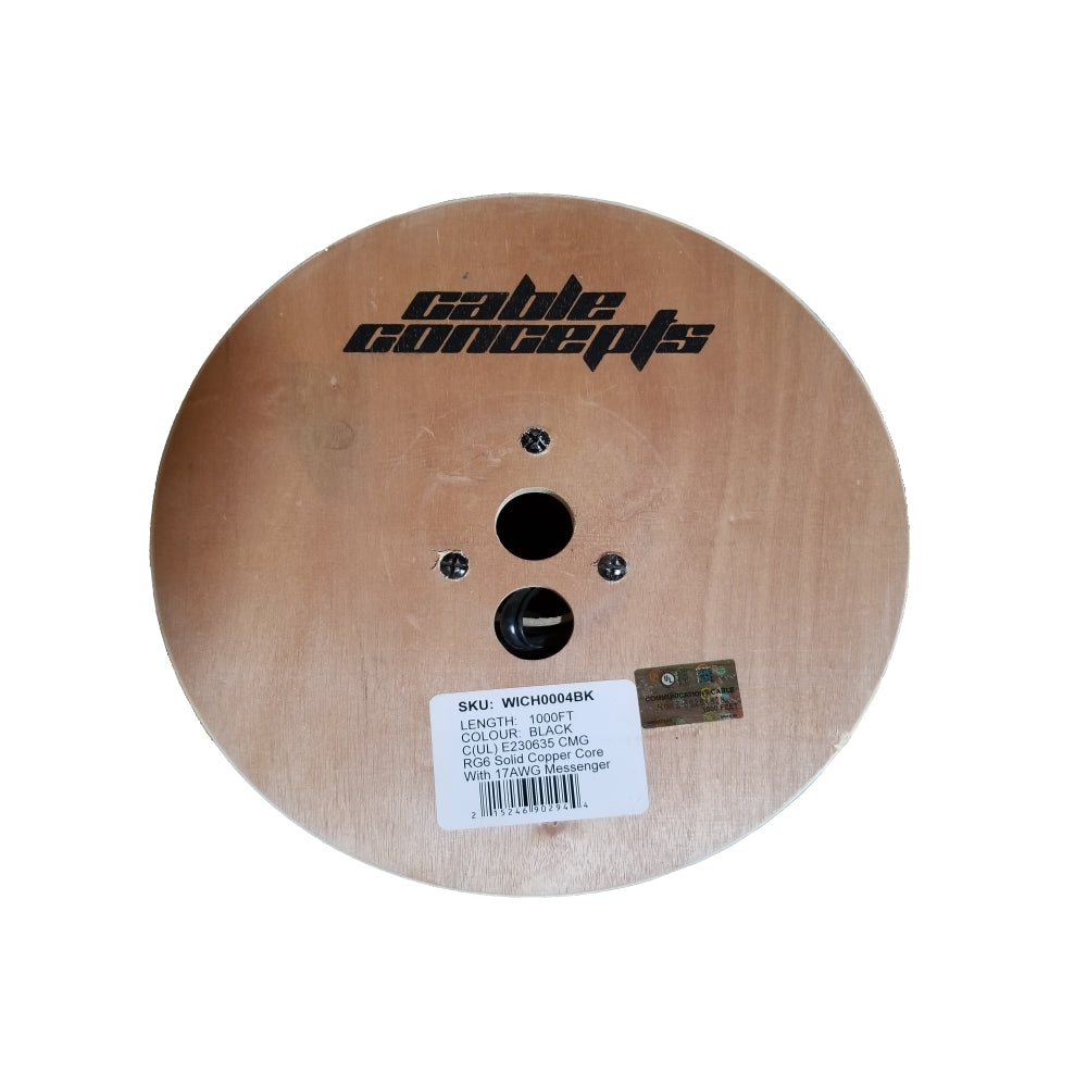 Cable Conceps RG6 Solid Copper Core With 17 AWG Messenger, FT4/CSA Approved, Wooden Reel, Black