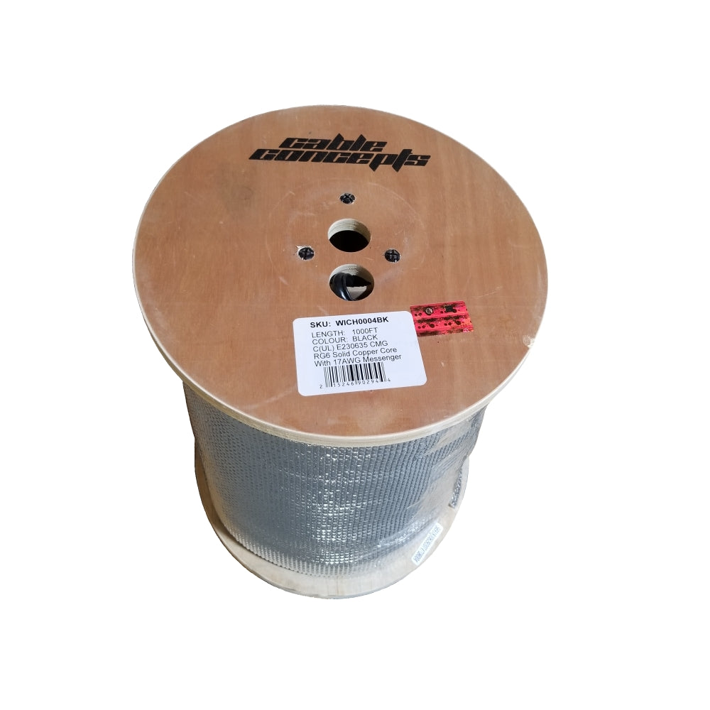Cable Conceps RG6 Solid Copper Core With 17 AWG Messenger, FT4/CSA Approved, Wooden Reel, Black