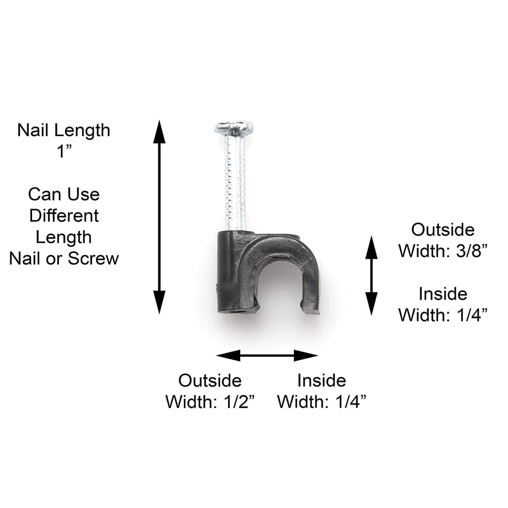 CDD Single Coaxial RG6 Cable Clips with Nail, 100 Per Bag. Black